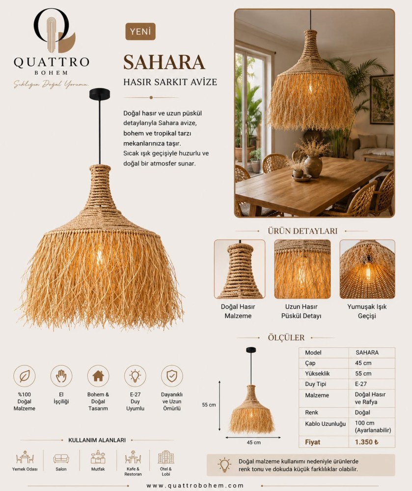 Quattro Home Dera Sahara Hasır Sarkıt Avize