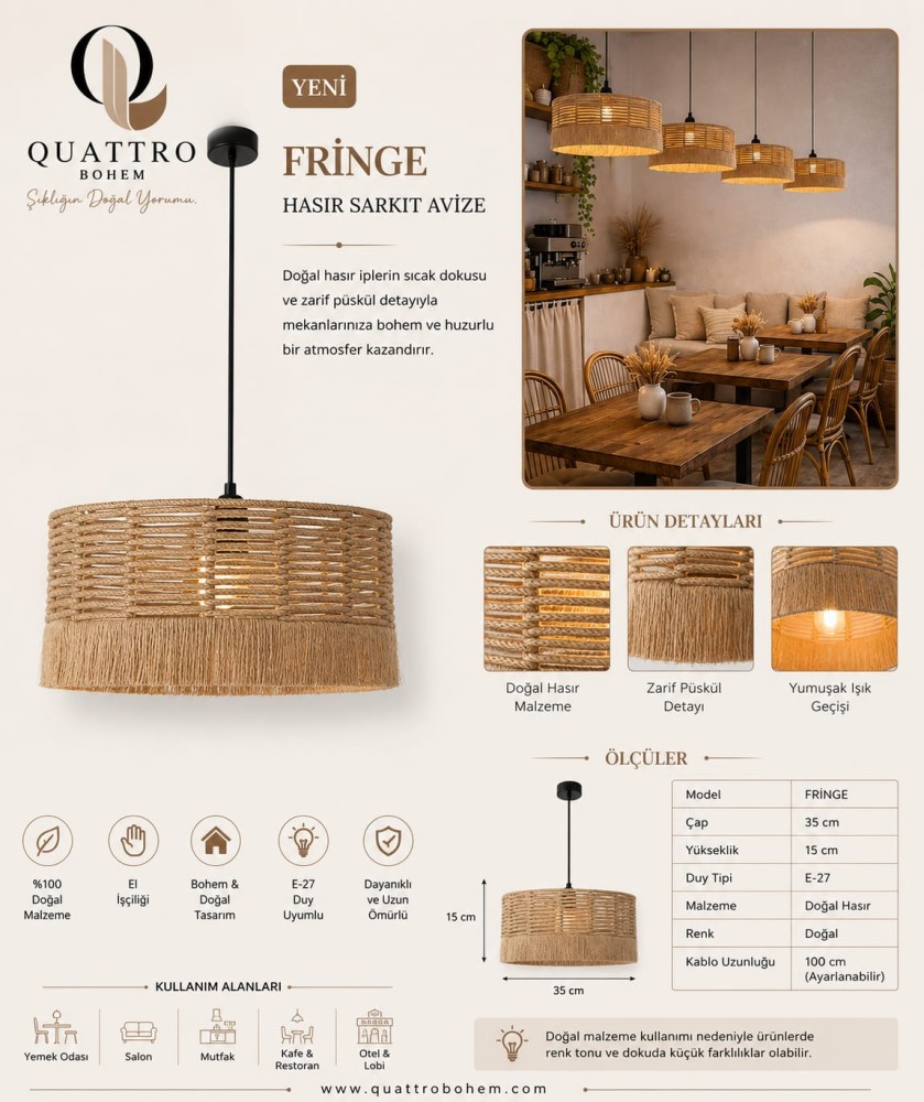 Quattro Home Fringe Hasır Sarkıt Avize 35x15 cm Doğal Hasır Püsküllü E27 Bohem Tavan Aydınlatması
