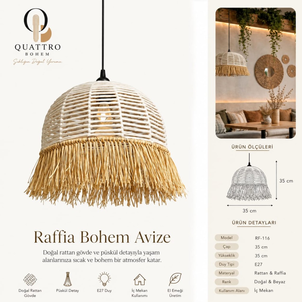 Quattro Home Raffia Bohem Avize 35x35 cm Doğal Rattan ve Rafya Püsküllü E27 Sarkıt Avize