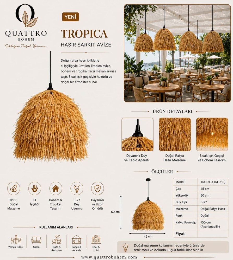 Quattro Home Tropica Hasır Sarkıt Avize 45x50 cm Doğal Rafya E27 Bohem ve Tropikal Aydınlatma