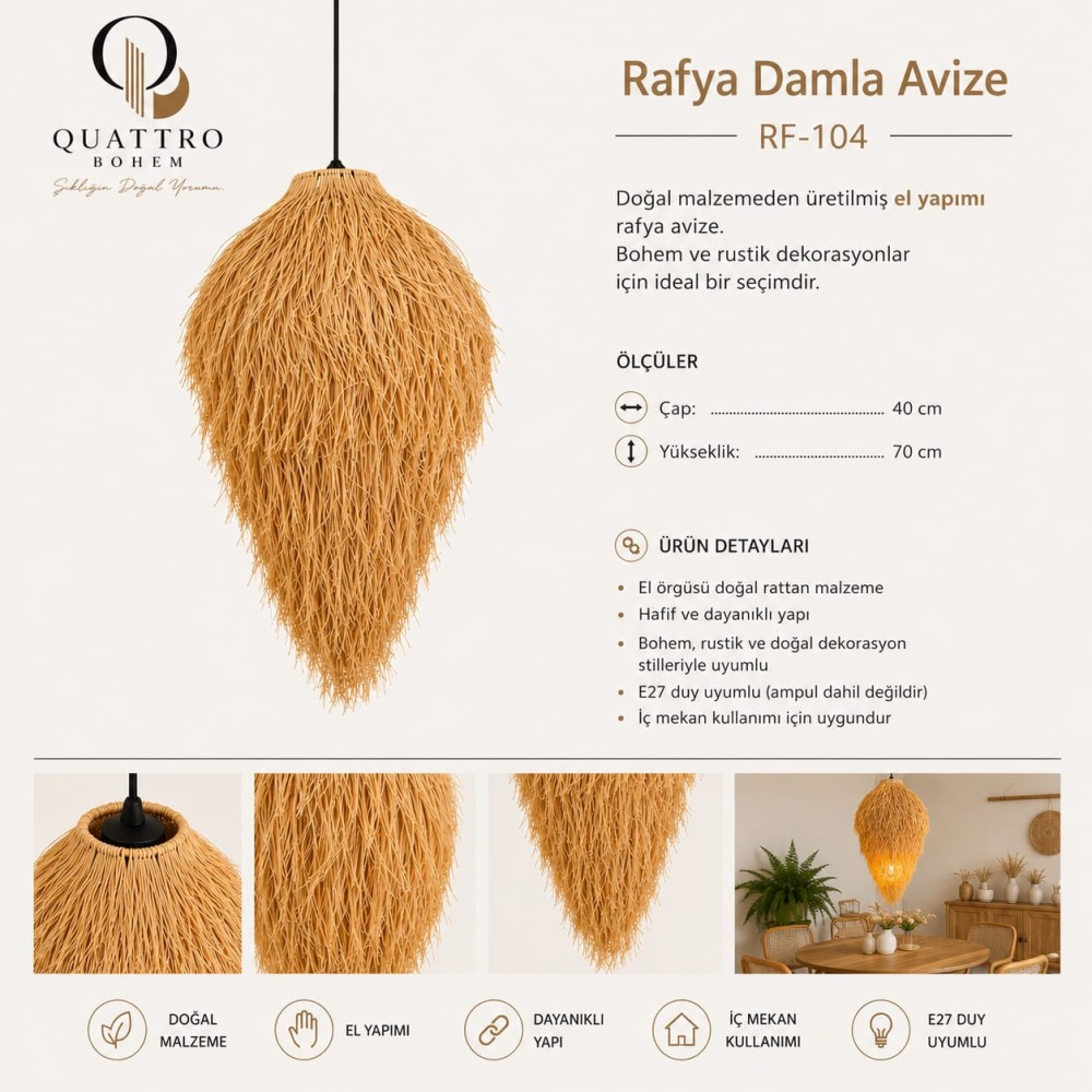 Quattro Home Rafya Damla Avize 40x70 cm Doğal Rattan E27 El Yapımı Bohem Sarkıt Aydınlatma