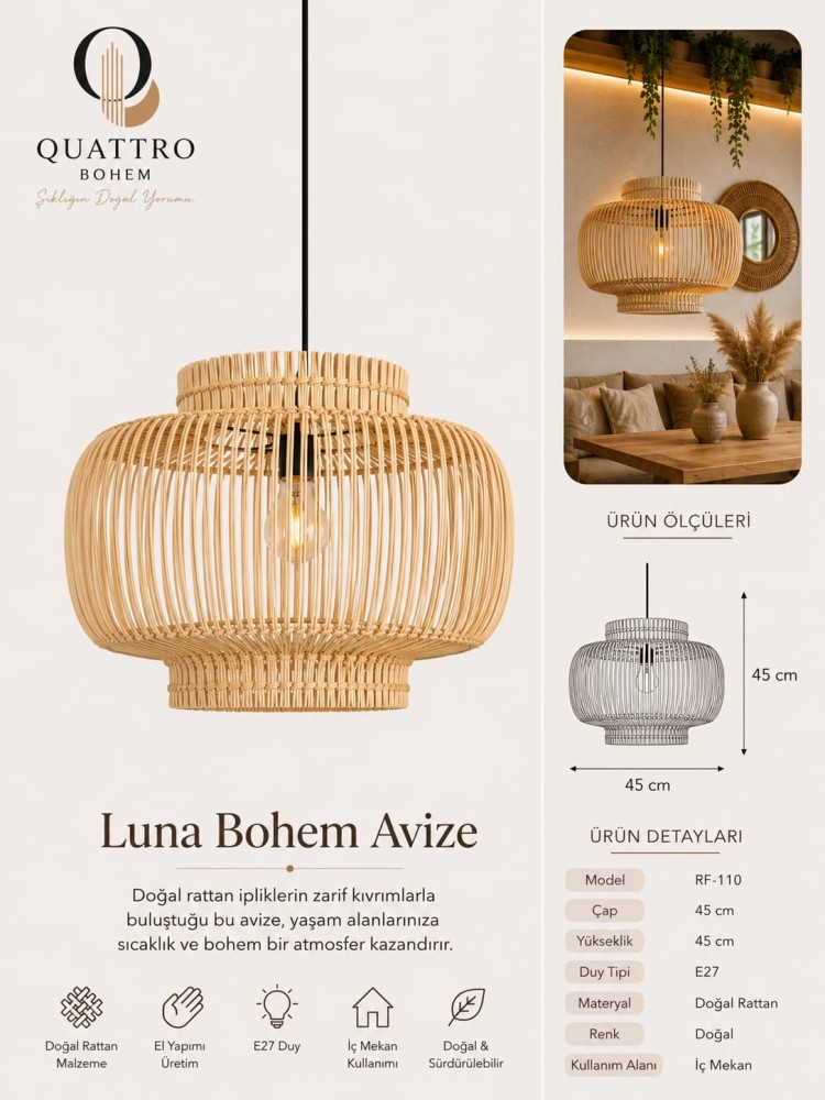 Quattro Home Luna Bohem Avize 45x45 cm Doğal Rattan E27 El Yapımı Sarkıt Aydınlatma
