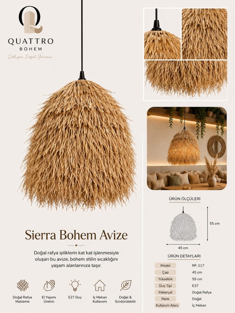 Quattro Home Sierra Bohem Avize 45x55 cm Doğal Rafya E27 El Yapımı Sarkıt Aydınlatma