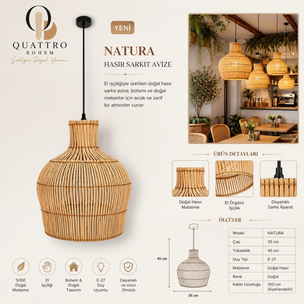 Quattro Home Natura Hasır Sarkıt Avize 35x45 cm Doğal Hasır E27 El İşçiliği Bohem Aydınlatma