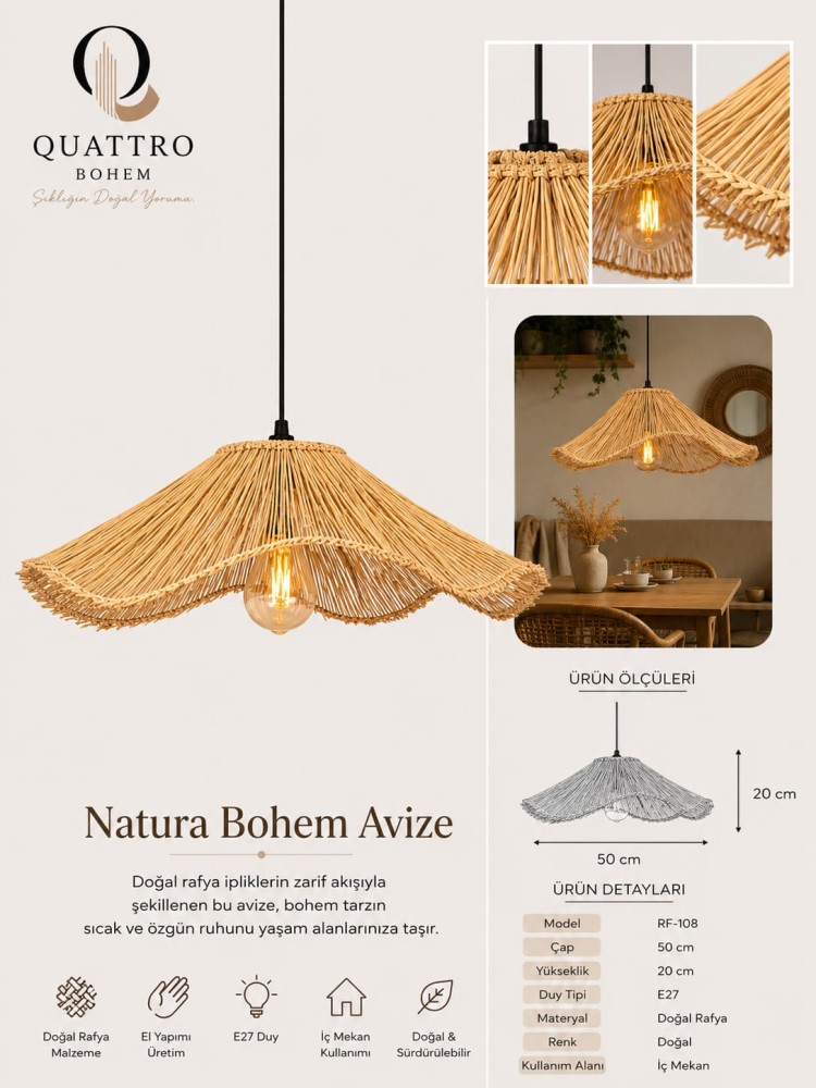 Quattro Home Maris Bohem Avize 50x20 cm Doğal Rafya E27 El Yapımı Sarkıt Aydınlatma