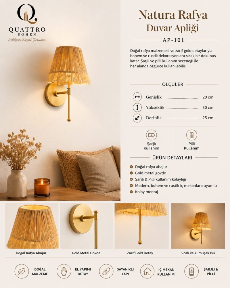 Quattro Home Natura Rafya Duvar Apliği Şarjlı & Pilli Gold Metal Bohem Dekoratif Duvar Lambası 20x30x25 cm