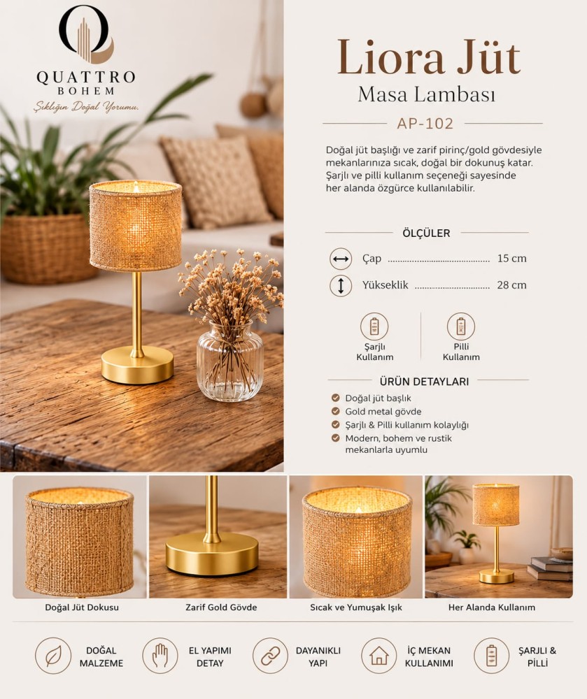 Quattro Home Liora Jüt Masa Lambası Şarjlı & Pilli Gold Metal Gövdeli Bohem Dekoratif Abajur 15x28 cm