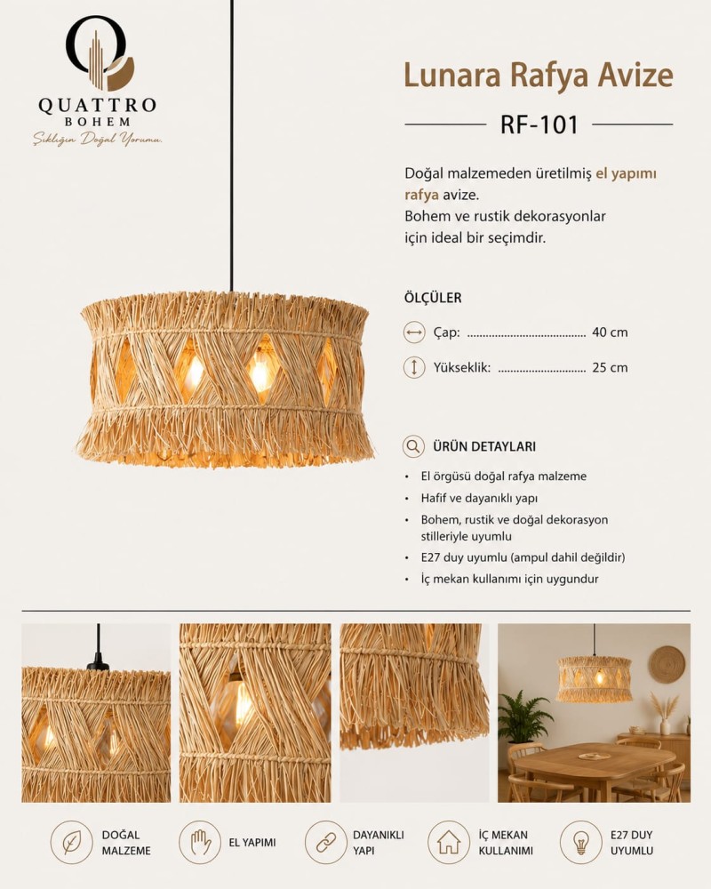 Quattro Home Lunara Rafya Avize 40 cm El Yapımı Doğal Rafya Bohem Dekoratif Sarkıt Avize E27 Duylu