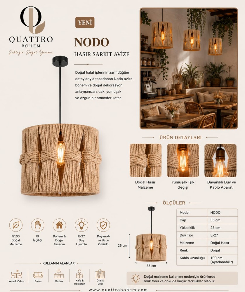 Quattro Home Nodo Hasır Sarkıt Avize 35 cm El Yapımı Doğal Hasır E27 Duylu Bohem Dekoratif Tavan Lambası