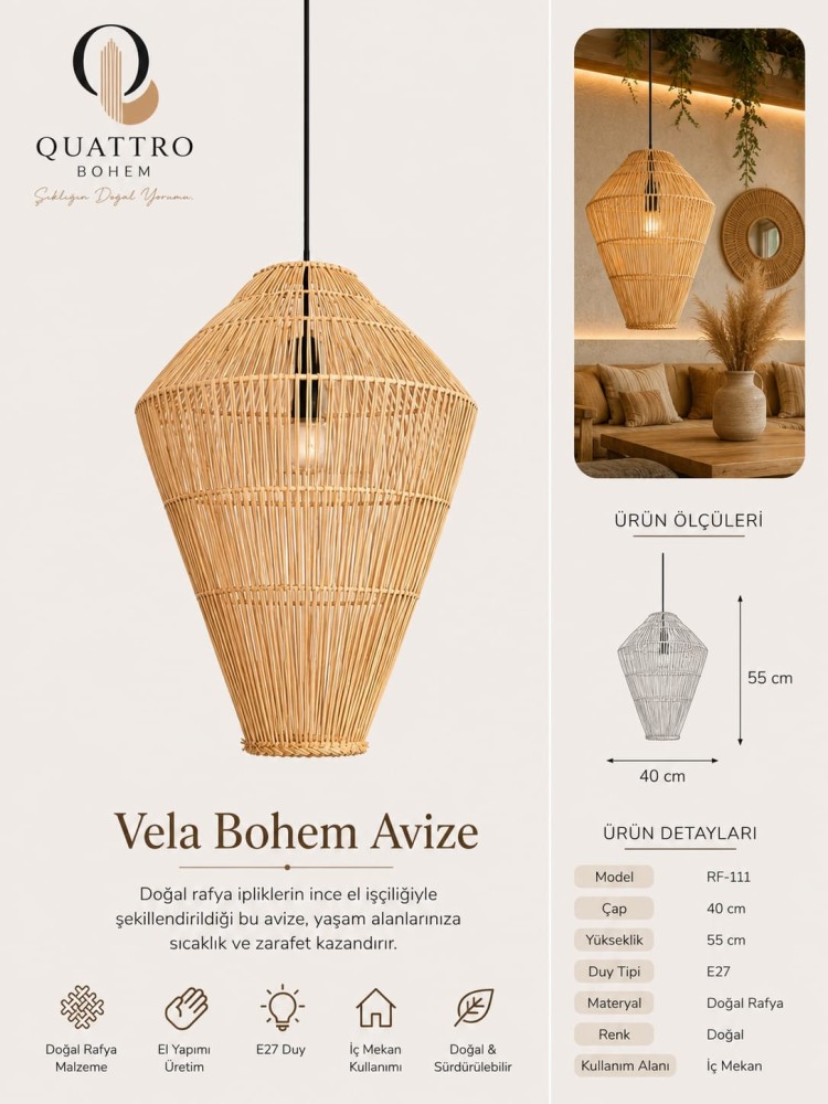 Quattro Home Vela Bohem Avize 40x55 cm El Yapımı Doğal Rafya Sarkıt Avize E27 Duylu Dekoratif Tavan Lambası