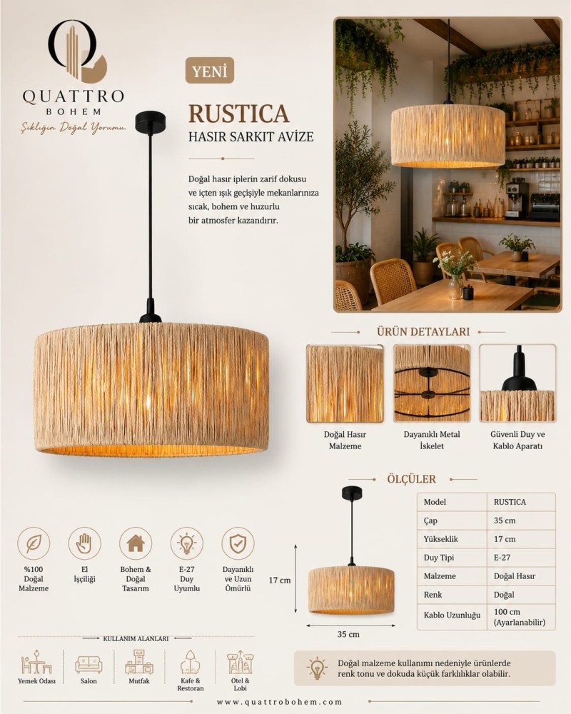 Quattro Home Rustica Hasır Sarkıt Avize 35x17 cm El Yapımı Doğal Hasır E27 Duylu Bohem Dekoratif Tavan Lambası