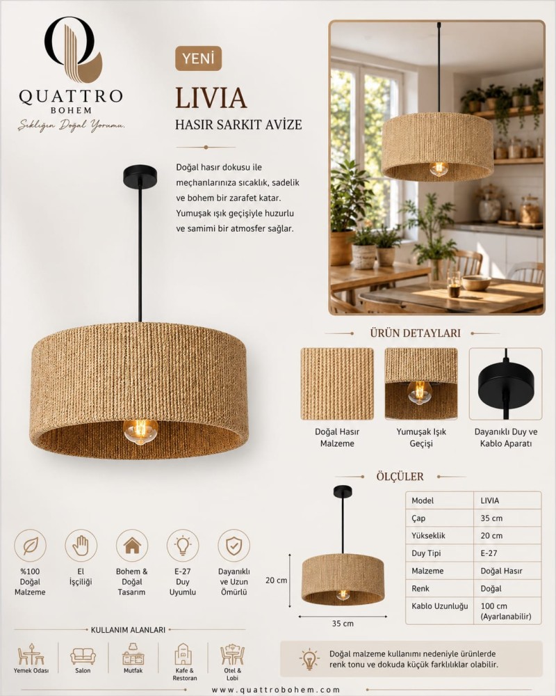 Quattro Home Livia Hasır Sarkıt Avize 35x20 cm El Yapımı Doğal Hasır E27 Duylu Bohem Dekoratif Tavan Lambası