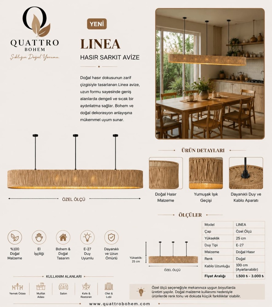 Quattro Home Linea Hasır Sarkıt Avize Özel Ölçü El Yapımı Doğal Hasır Lineer Avize E27 Duylu Yemek Masası ve Mutfak Adası Avizesi
