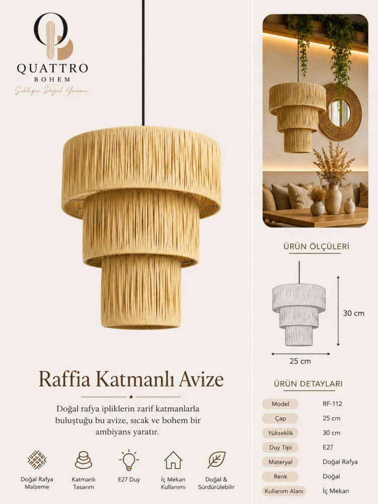 Quattro Home Raffia Katmanlı Sarkıt Avize 25x30 cm El Yapımı Doğal Rafya E27 Duylu Bohem Dekoratif Tavan Lambası