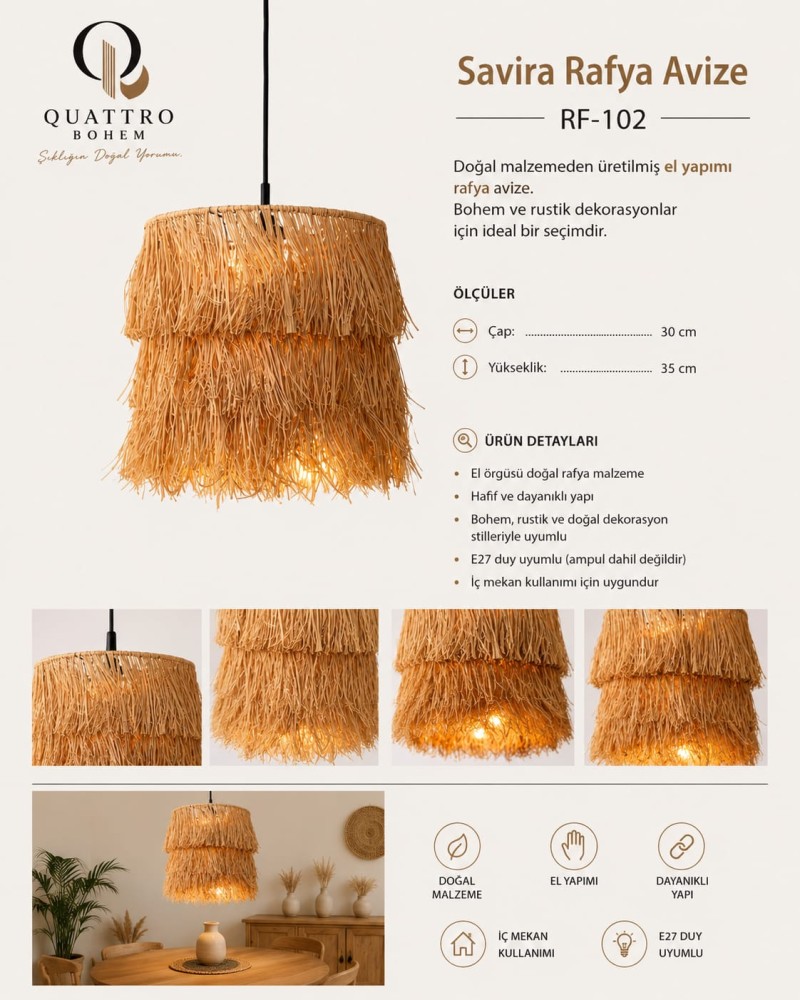 Quattro Home Savira Rafya Sarkıt Avize 30x35 cm El Yapımı Doğal Rafya E27 Duylu Bohem Dekoratif Tavan Lambası