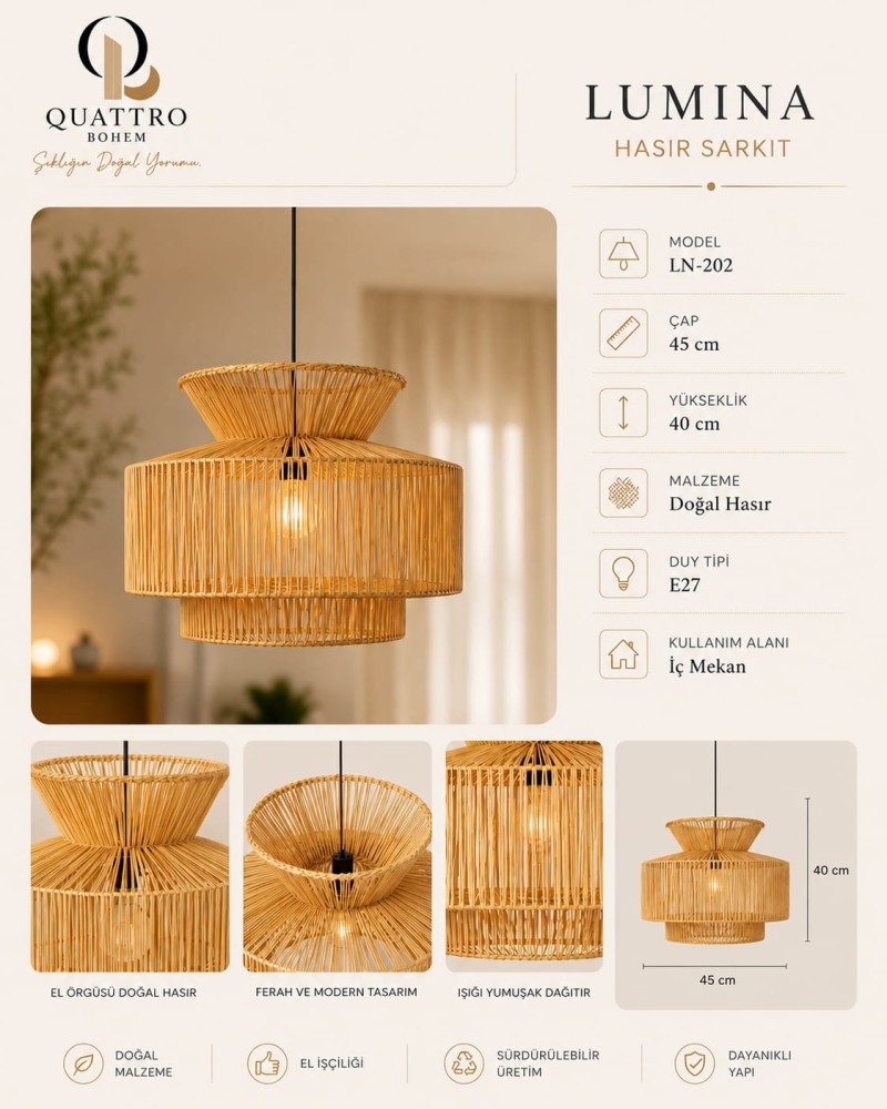 Quattro Home Lumina Hasır Sarkıt Avize 45x40 cm El Yapımı Doğal Hasır E27 Duylu Bohem Dekoratif Tavan Lambası
