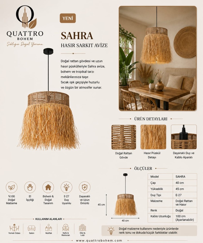Dera Bohem Sahara Doğal Rattan Hasır Sarkıt Avize 40 cm E27 Bohem Dekoratif Aydınlatma