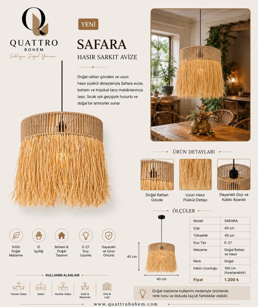 Dera Bohem Safara Doğal Rattan Hasır Sarkıt Avize 40 cm E27 Bohem Dekoratif Aydınlatma