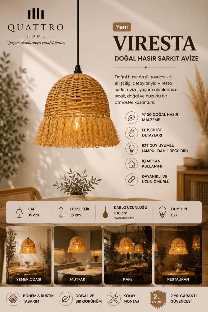 Dera Bohem Norevia Doğal Hasır Sarkıt Avize 35 cm E27 Dekoratif Tavan Aydınlatması görsel 2