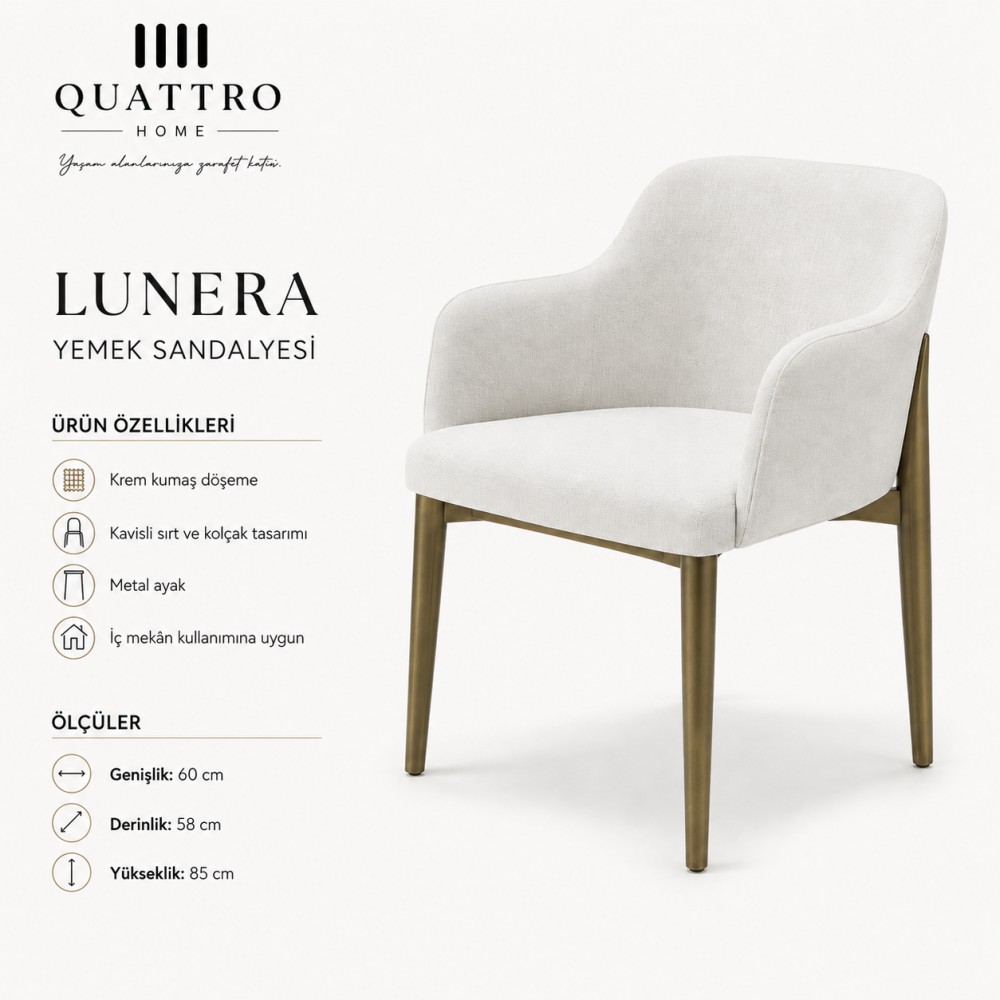 Lunera Krem Kumaş Döşemeli Bronz Metal Ayaklı Modern Kolçaklı Yemek Sandalyesi