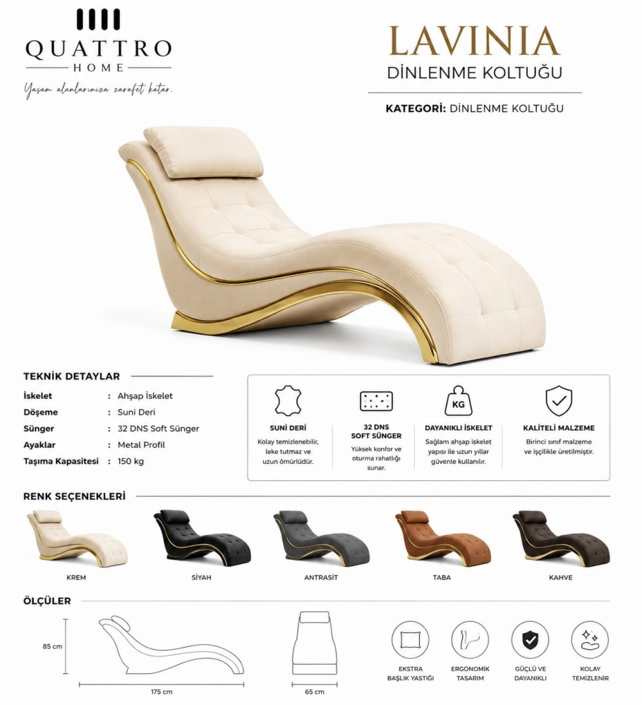 Lavinia Ergonomik Dinlenme Koltuğu – Gold Detaylı Şezlong görsel 3