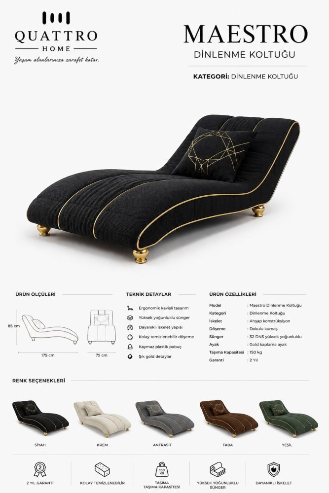 Maestro Gold Detaylı Ergonomik Dinlenme Koltuğu – Modern Şezlong görsel 2