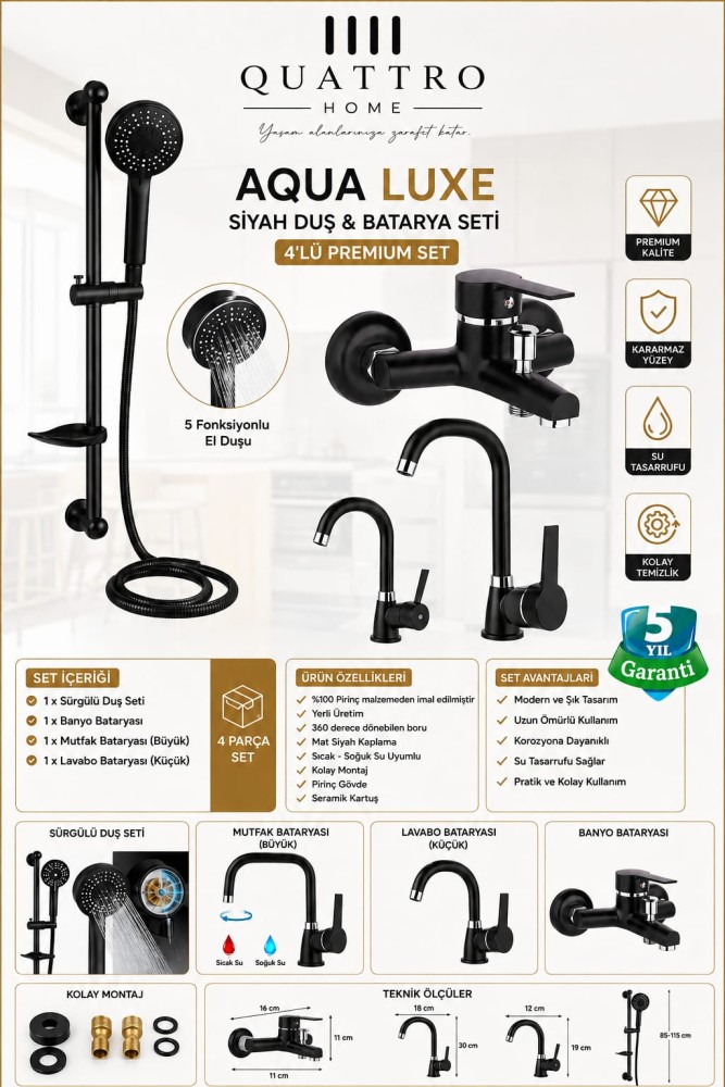 Aqua Luxe Tepe Duş Seti,Evye ve Levabo Bataryası