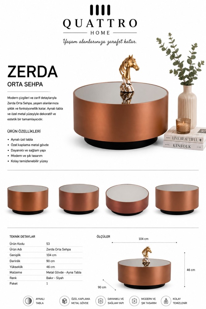 Zerda Aynalı Oval Orta Sehpa