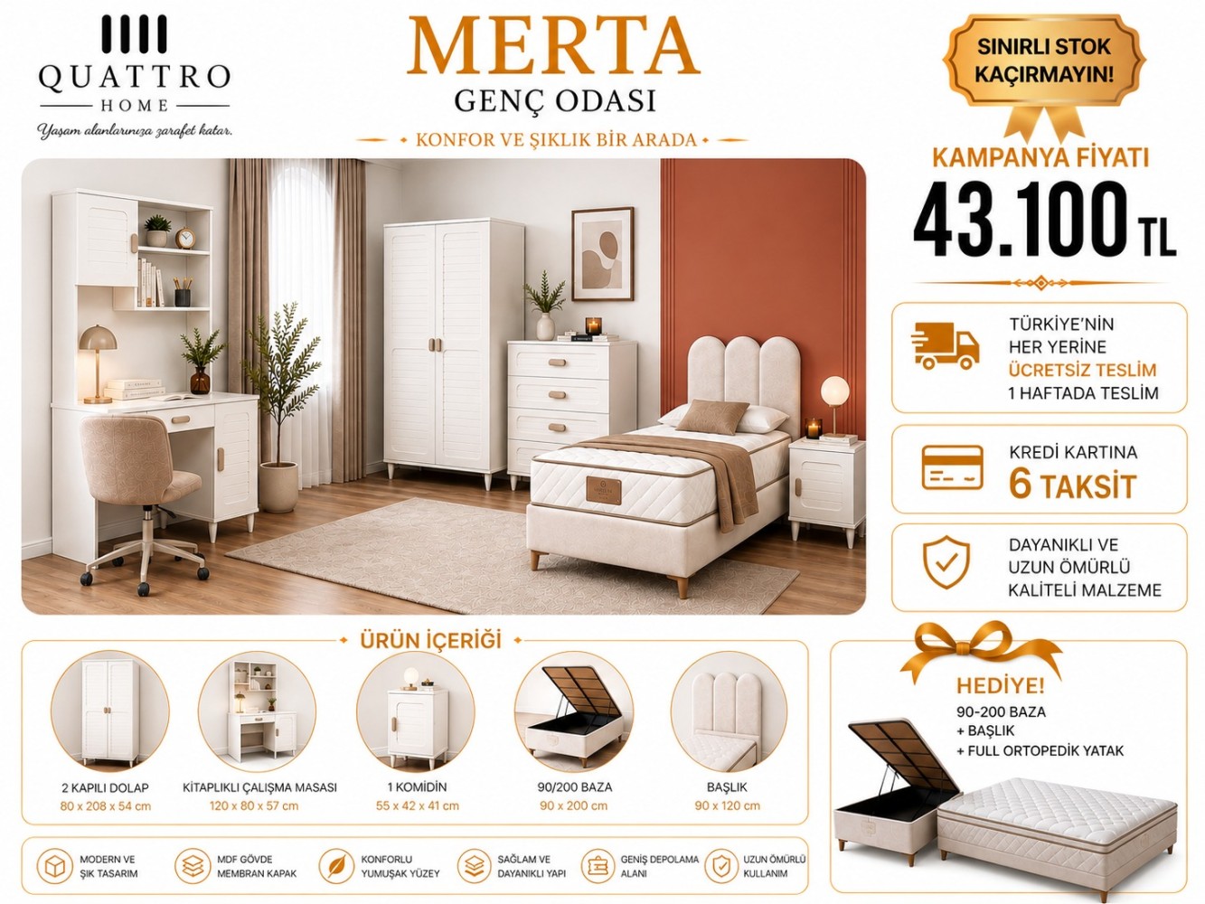 Merta Genç Odası Takımı | Dolap, Kitaplıklı Çalışma Masası, Komodin, Baza, Başlık ve Ortopedik Yatak Dahil