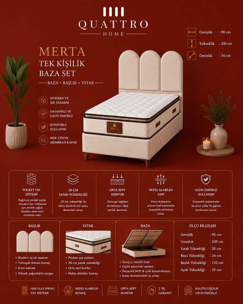Merta Tek Kişilik Baza, Başlık ve Yatak Seti