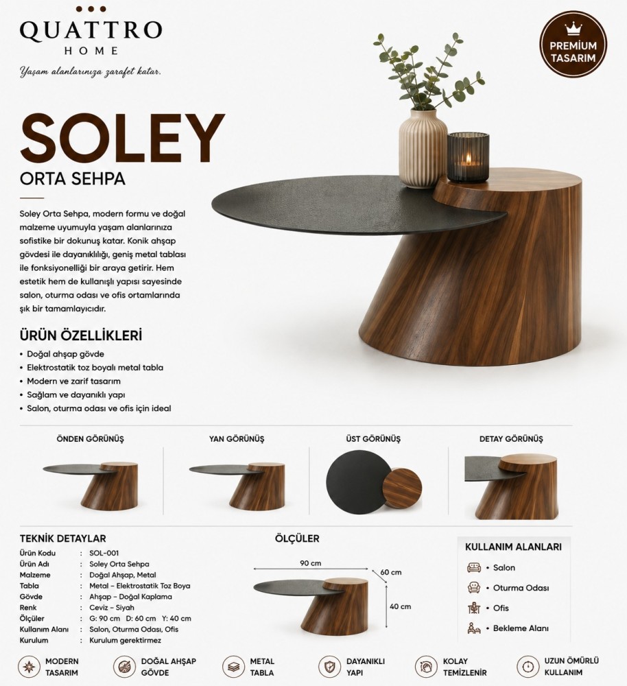 Soley Ahşap Gövdeli Metal Tablalı Orta Sehpa