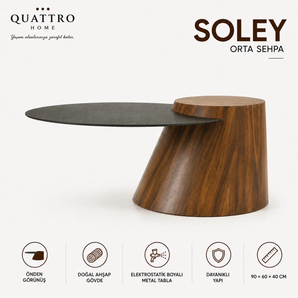 Soley Ahşap Gövdeli Metal Tablalı Orta Sehpa görsel 2