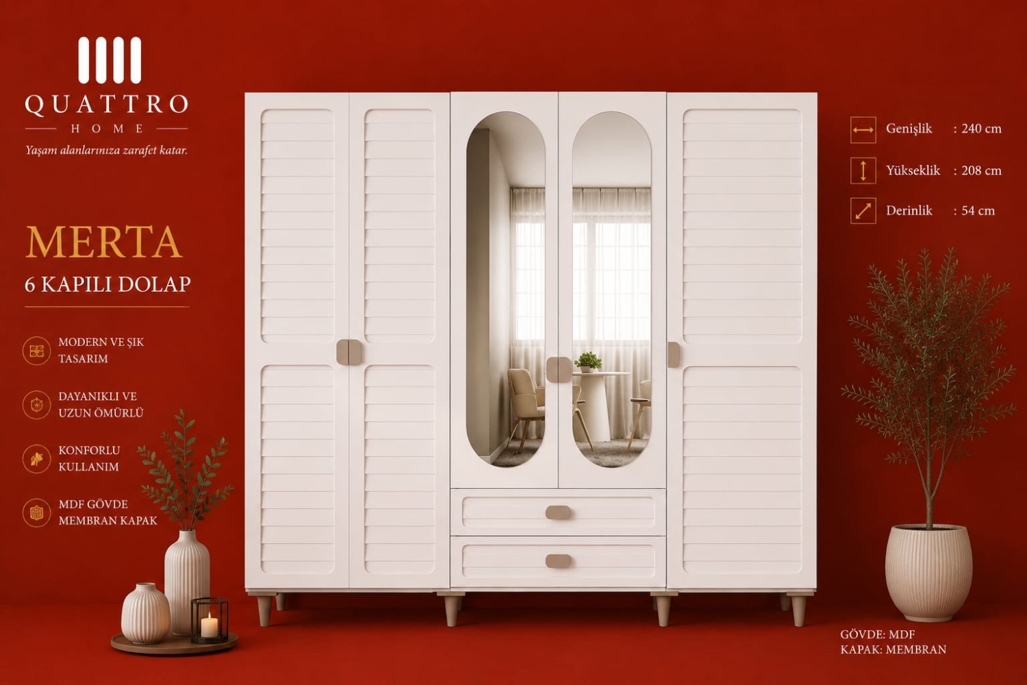Merta 6 Kapılı Gardırop Aynalı MDF Gövde Membran Kapak Modern Elbise Dolabı