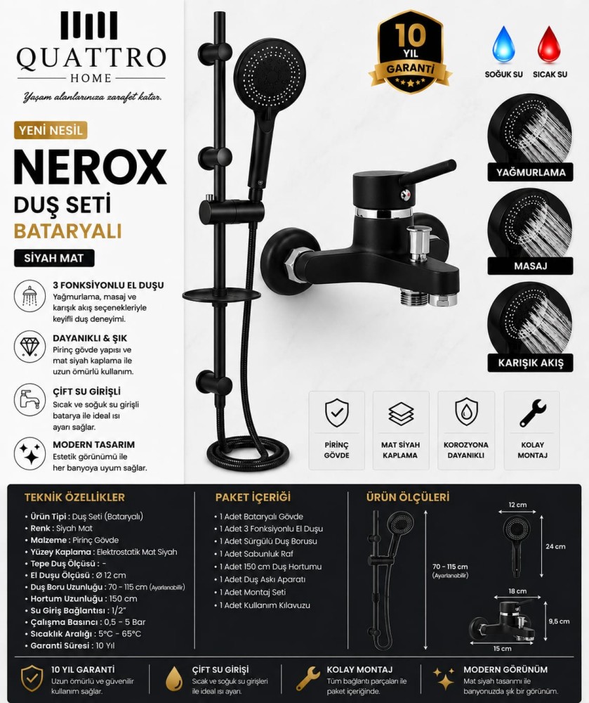 Nerox Sürgülü Duş Seti Ve Batarya