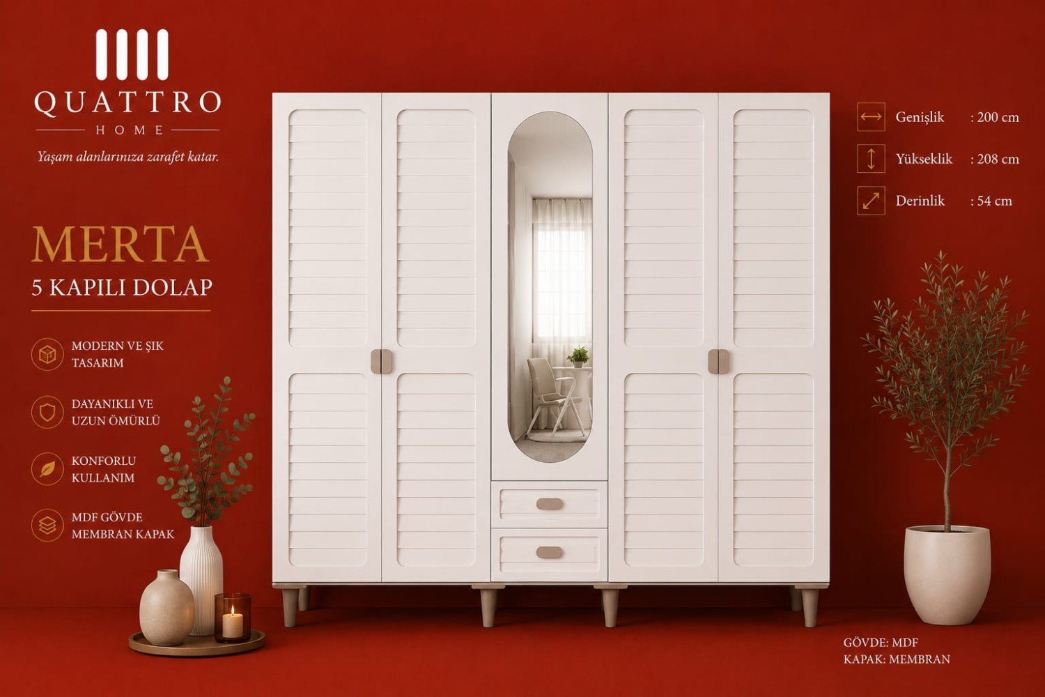 Merta 5 Kapılı Aynalı Gardırop MDF Gövde Membran Kapak Modern Elbise Dolabı
