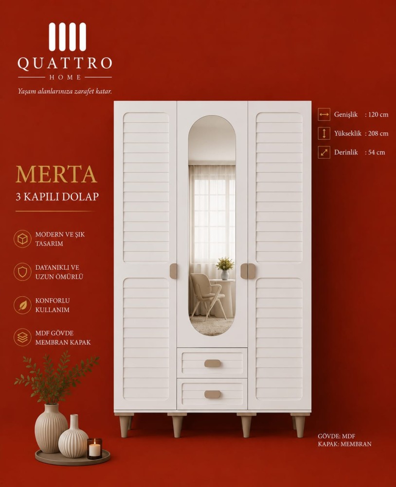 Merta 3 Kapılı Aynalı Gardırop MDF Gövde Membran Kapak Modern Elbise Dolabı