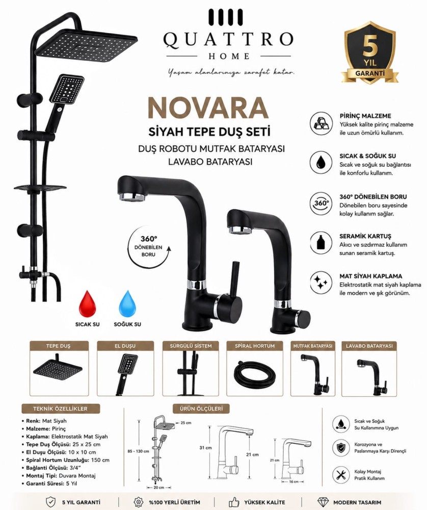 Novara2 Tepe Duş Seti,Levabo ve Evye Bataryası