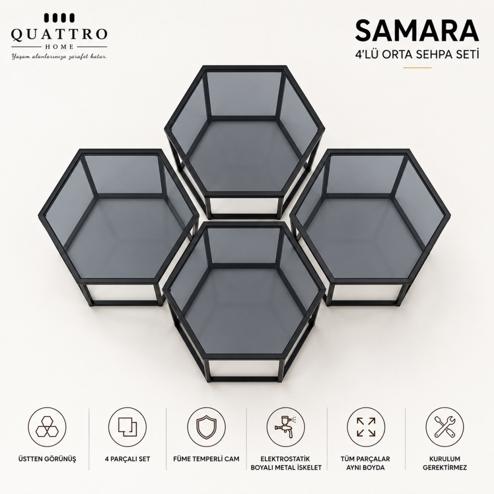Samara Füme Camlı 4’lü Altıgen Orta Sehpa Seti görsel 2