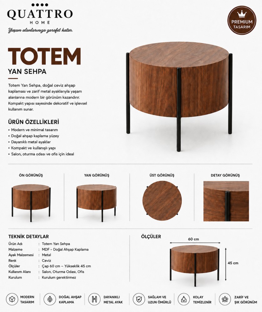 Totem Yuvarlak Yan Sehpa