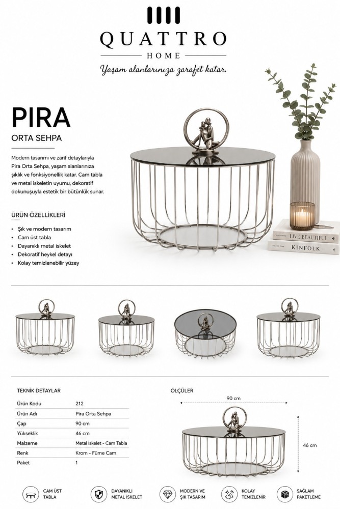 Pira 90 cm Füme Camlı Metal Orta Sehpa