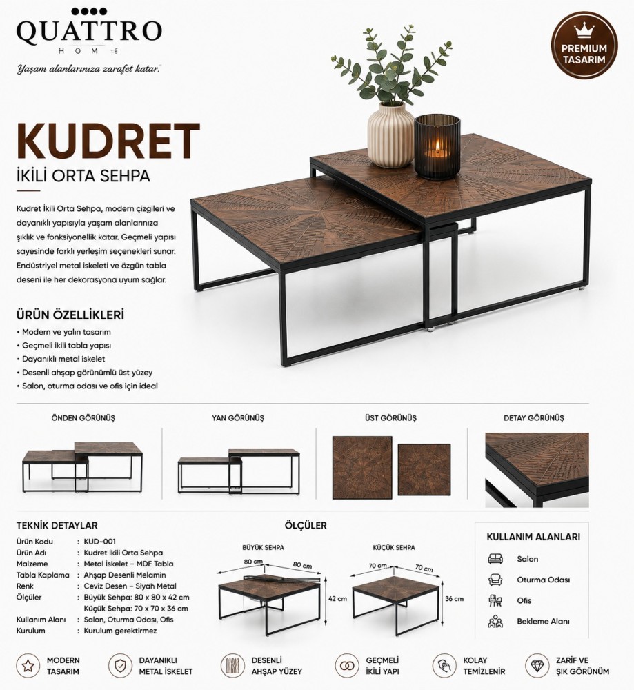 Kudret İkili Geçmeli Orta Sehpa – Ceviz Desen