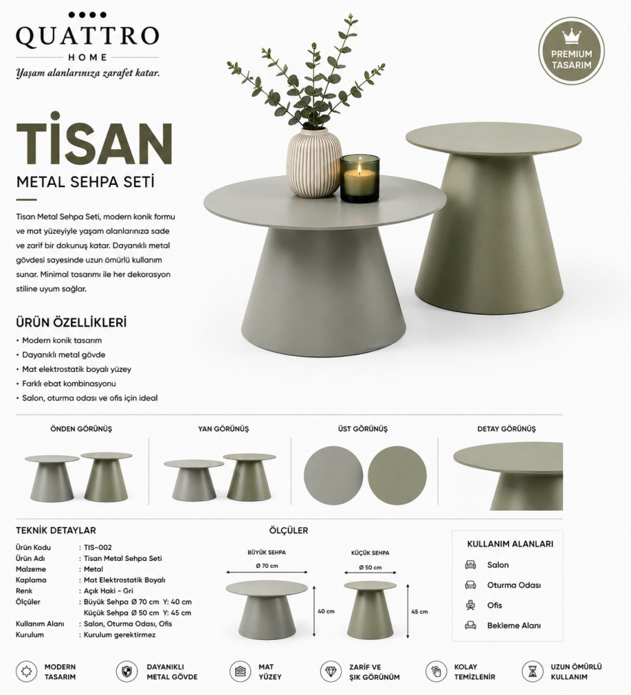 Tisan 2’li Metal Sehpa Seti – Açık Haki / Gri