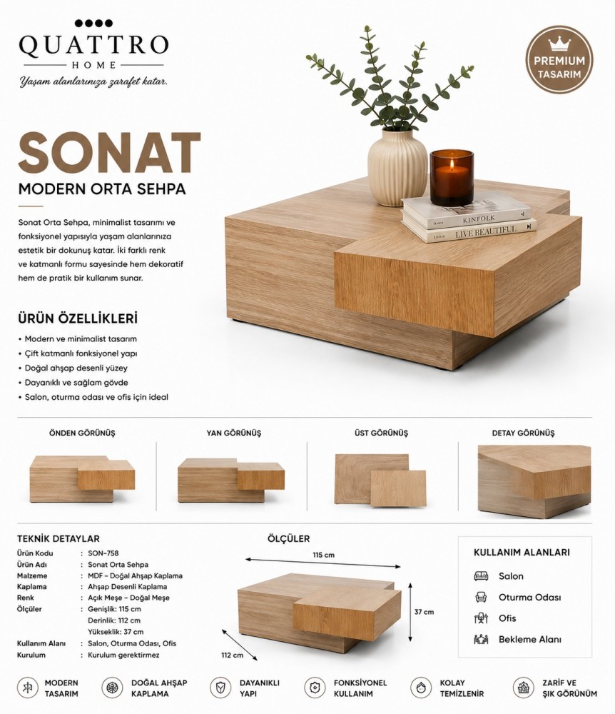 Sonat Çift Katmanlı Doğal Ahşap Kaplamalı Modern Orta Sehpa