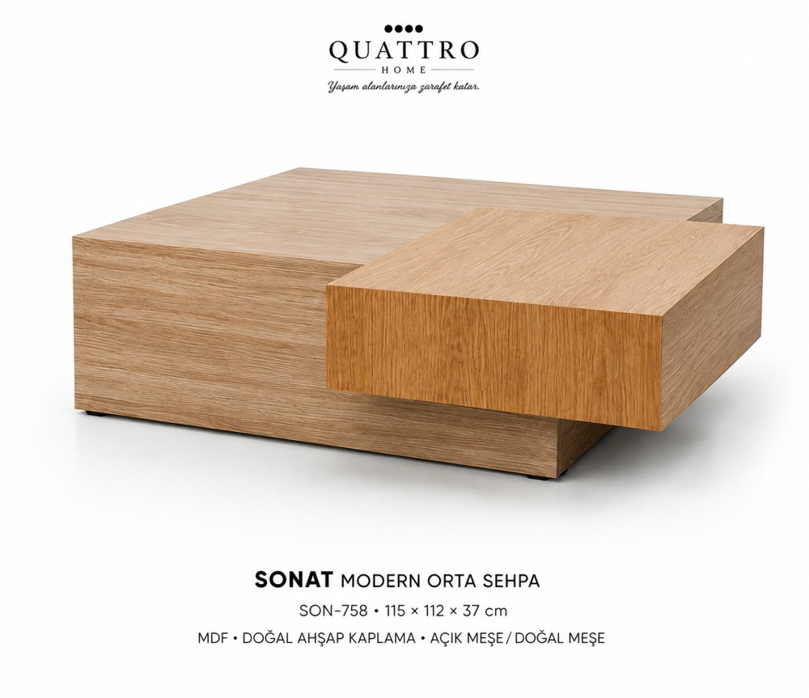 Sonat Çift Katmanlı Doğal Ahşap Kaplamalı Modern Orta Sehpa görsel 2