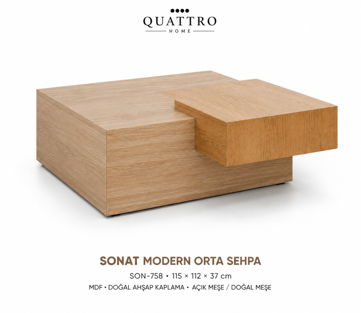 Sonat Çift Katmanlı Doğal Ahşap Kaplamalı Modern Orta Sehpa görsel 3