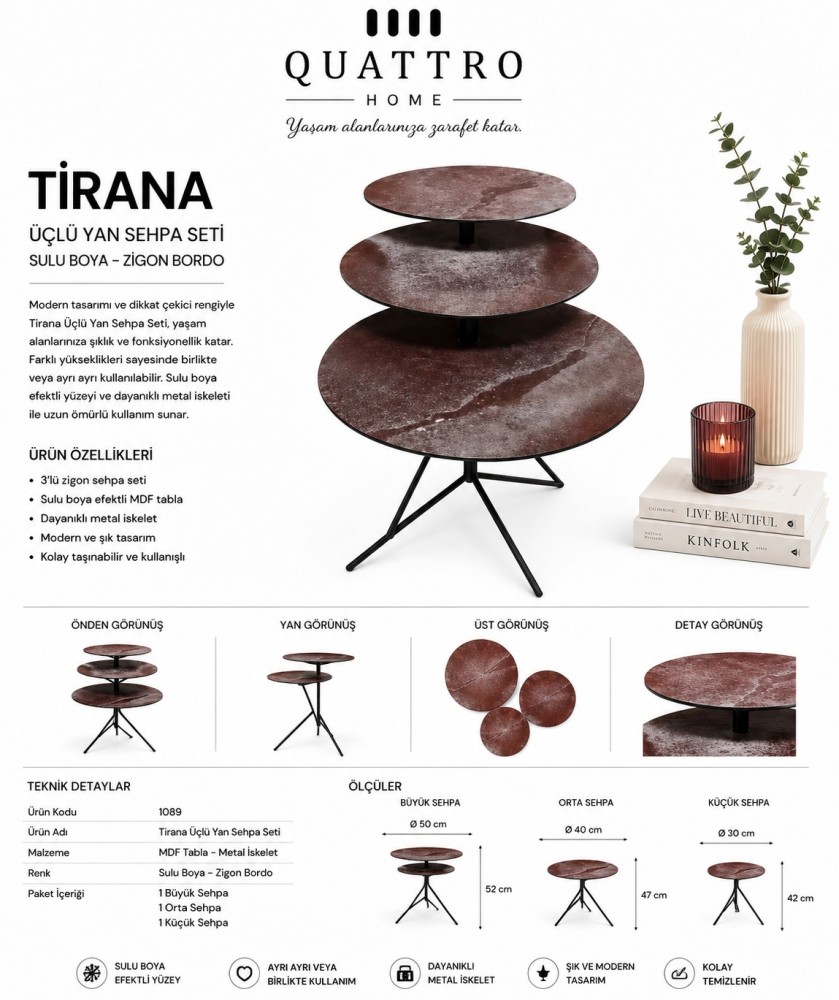 Tirana 3’lü Sulu Boya Efektli Bordo Yan Sehpa Seti