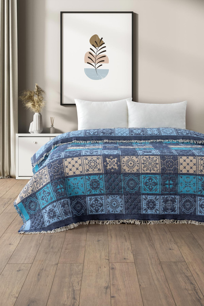 Patchwork Müslin Yorgan/Yatak Örtüsü - Mavi görsel 2