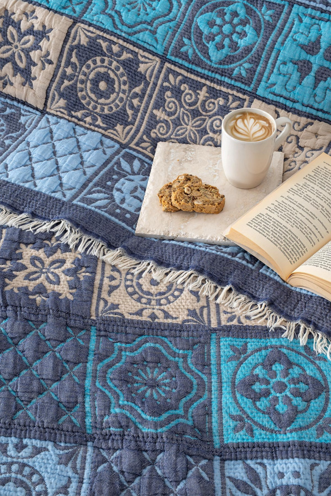 Patchwork Müslin Yorgan/Yatak Örtüsü - Mavi görsel 3