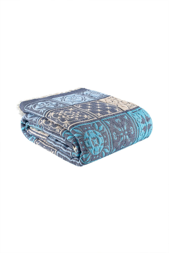 Patchwork Müslin Yorgan/Yatak Örtüsü - Mavi görsel 4