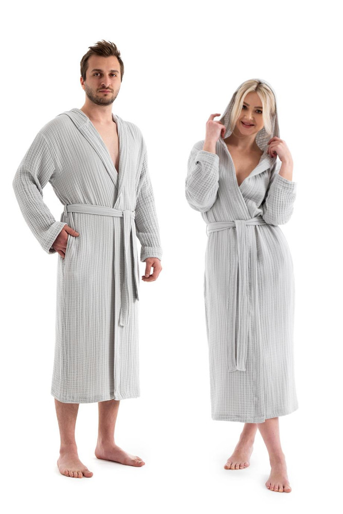 Unisex Kapşonlu 4 Kat Müslin Bornoz - Gri